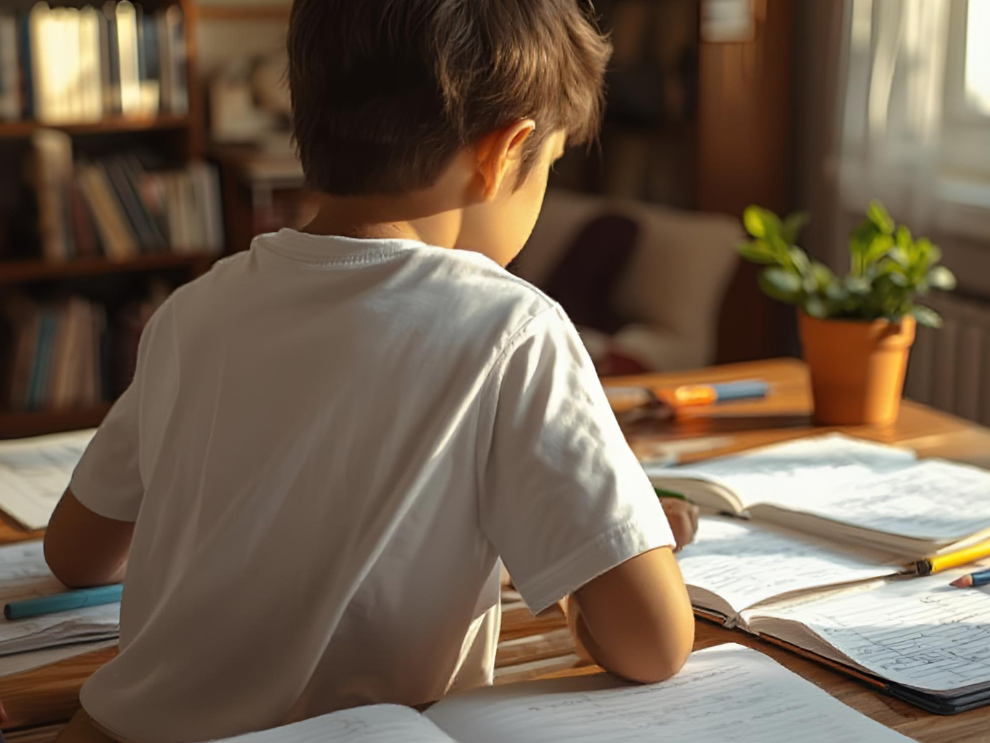 focused child in cozy study nook