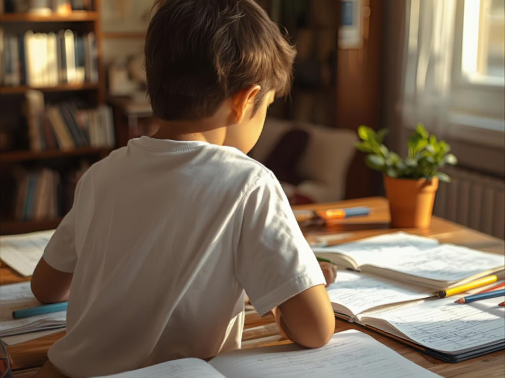 focused child in cozy study nook